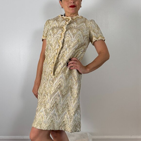 Vintage 60's Gold & Silver Mod Dress - Size M - Picture 2 of 12